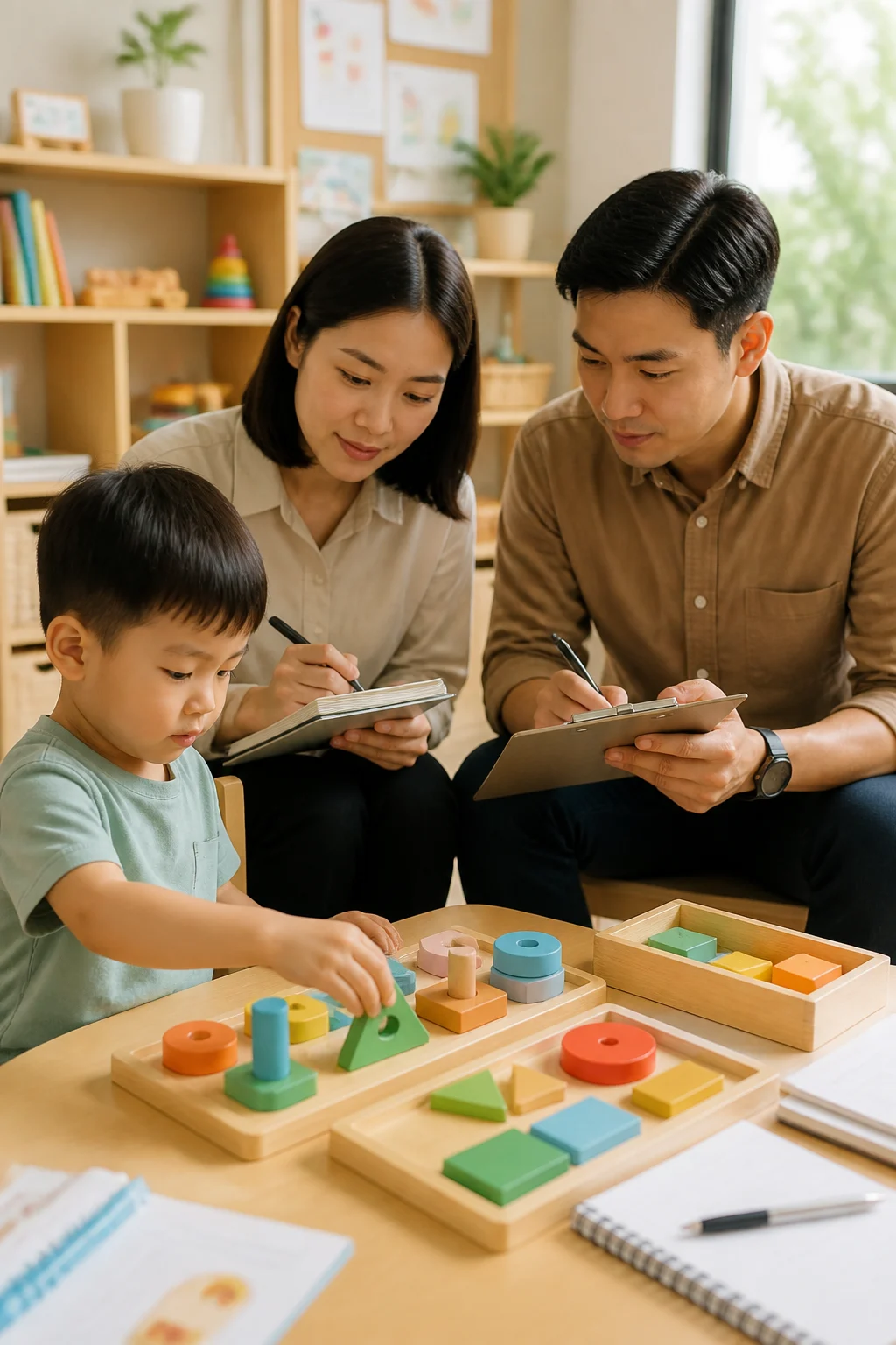 Parents observing a child at play to choose suitable educational toys