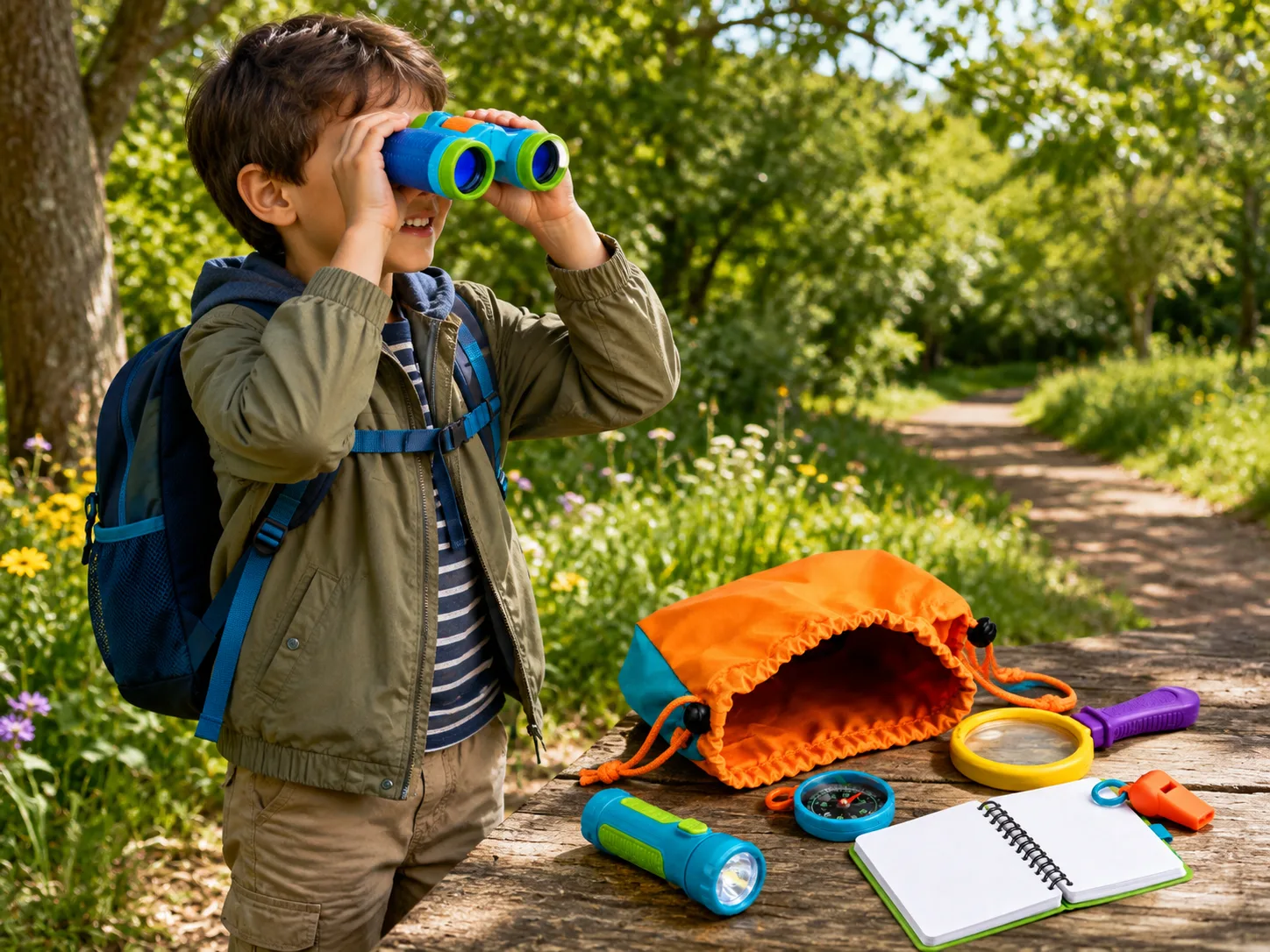 Child observing leaves and insects outdoors using an explorer kit