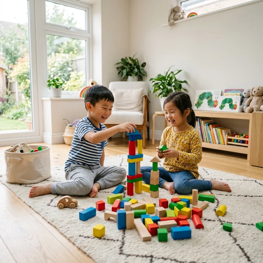 Children building and playing together with colorful blocks