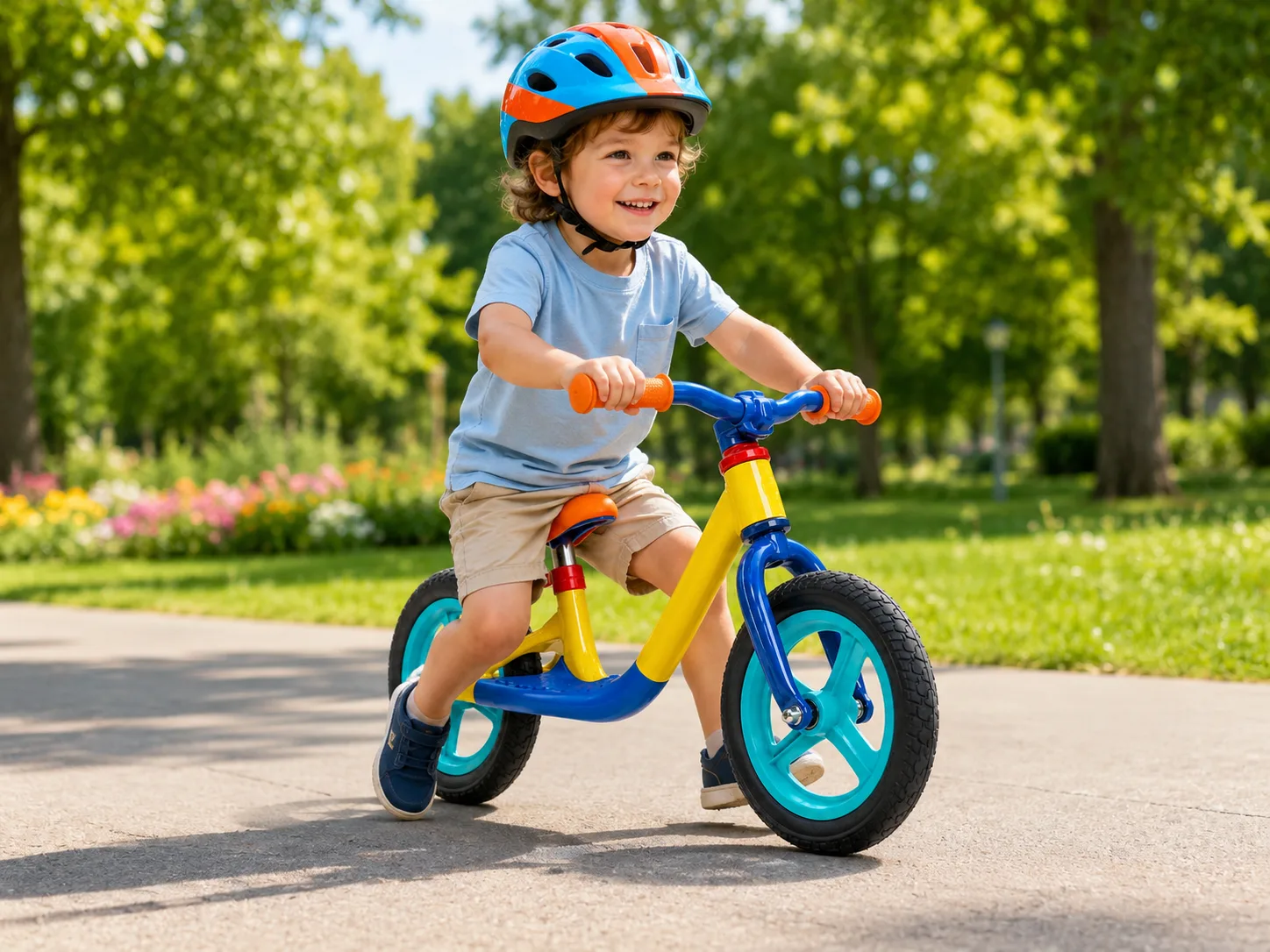 Child riding a mini balance bike in a park