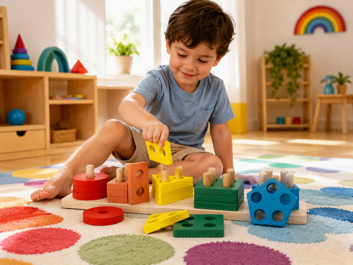 Child exploring tactile mechanisms on a wooden Montessori activity board