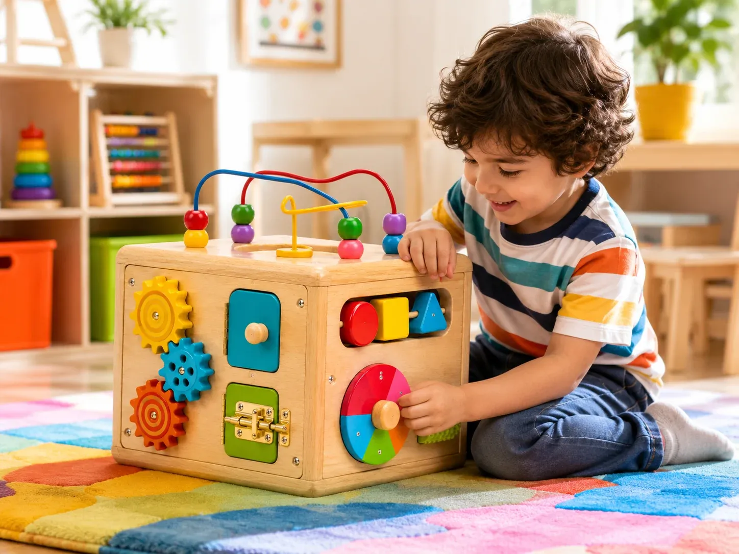 Child exploring a sensory activity cube to practice fine motor skills