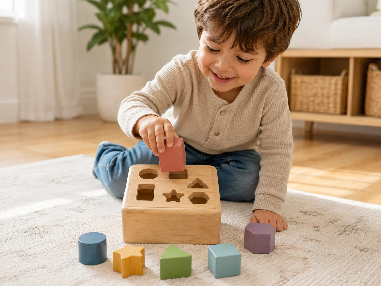 Child playing with a wooden shape sorter on a play mat